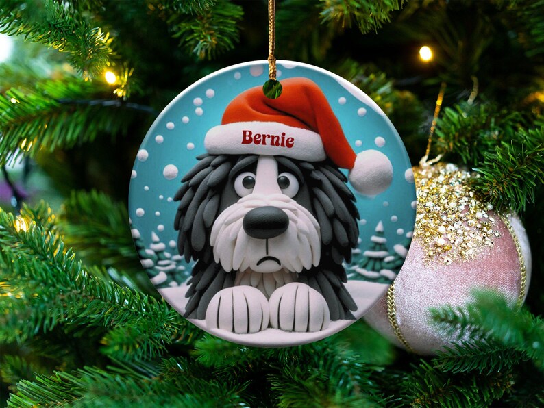 Bernedoodle Dog Art Christmas Ornament, Double Sided Keepsake | Sublimation Ceramic | Holiday Tree Decor, Gold String Hanging image 1