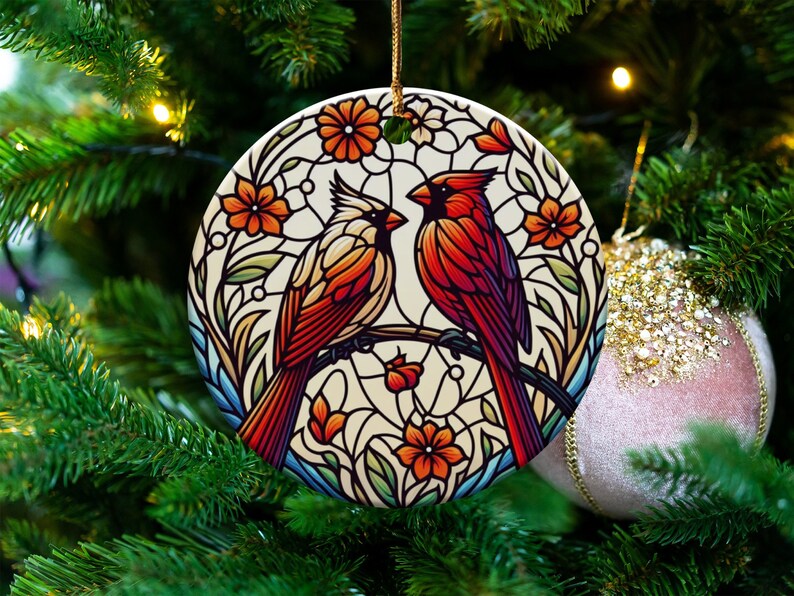 Cardinal Stained-Glass Design Ceramic Ornament image 2