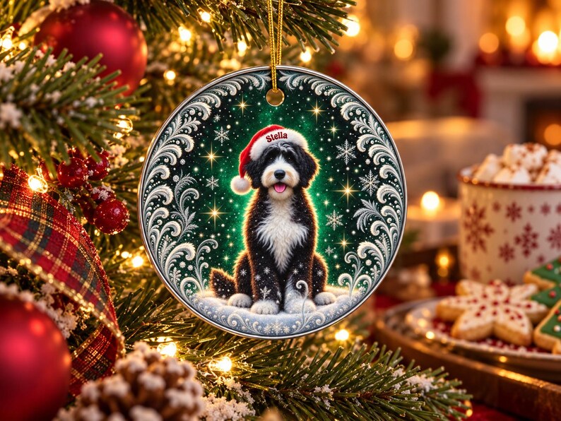 May include: A round ceramic Christmas ornament featuring a black and white dog wearing a red Santa hat with the name Stella printed on the brim. The dog sits against a dark green background with white swirling filigree and snowflake accents.