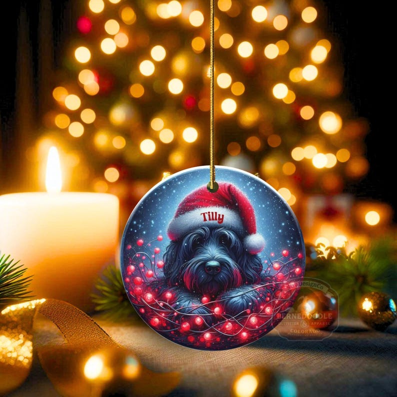 Personalized Black Doodle Ornament, Santa Hat Keepsake - Sublimation Ceramic Dog Gift | Two Sided Decoration | 3 Inch Christmas Keepsake image 5