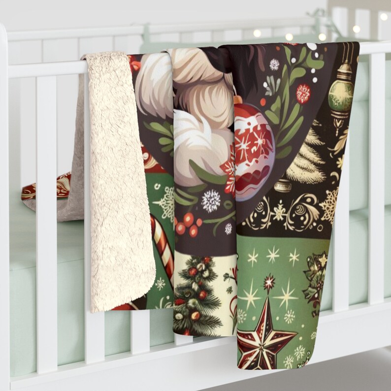 Sweet Bernie The Bernedoodle, surrounded by amazing Christmas motif, captured on a gorgeous sherpa fleece blanket!