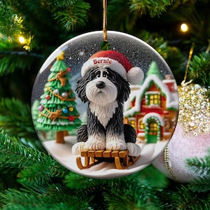 Bernedoodle Ornament, Sledding Ceramic | Claymation Style Artwork | 3 Inch Sublimation Gift image 7
