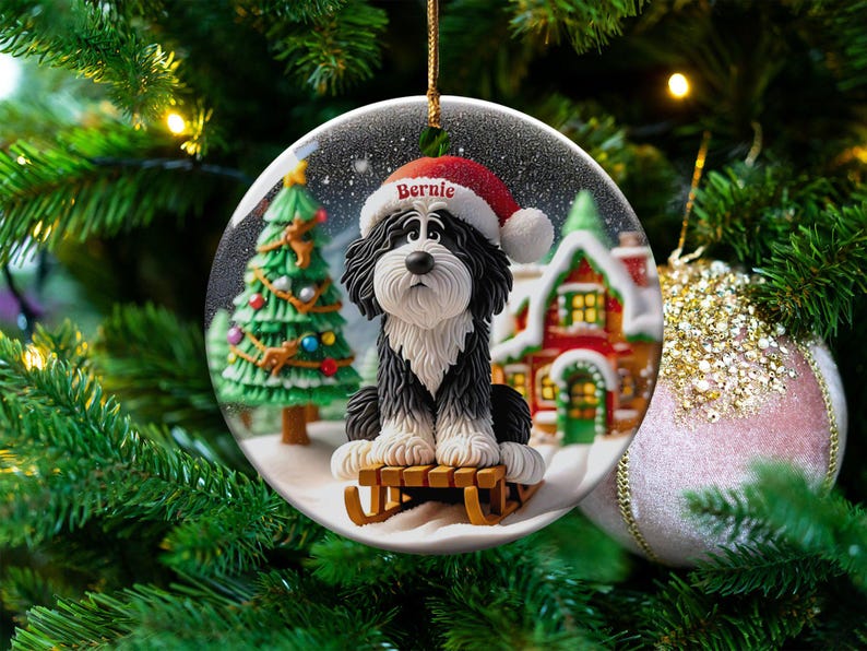Bernedoodle Ornament, Sledding Ceramic | Claymation Style Artwork | 3 Inch Sublimation Gift image 7