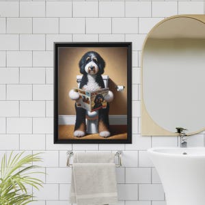 Framed Bernedoodle Toilet Portrait - Dog Reading Magazine, Bathroom Wall Art image 16
