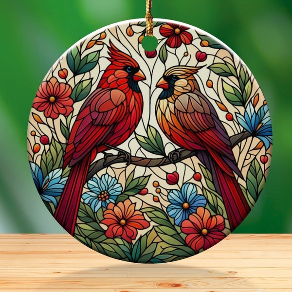 Cardinal Ceramic Ornament, Faux Stained Glass Design