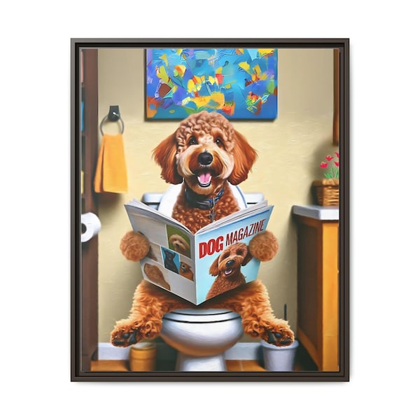 Framed Canvas Red Goldendoodle Dog on Toilet - Bathroom Wall Art