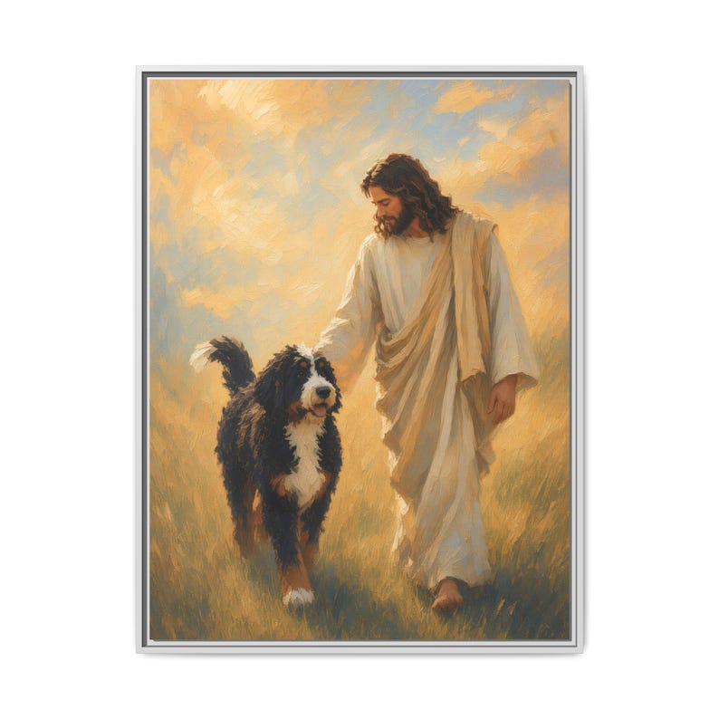 Jesus With Bernedoodle Framed Canvas image 7