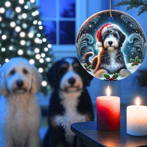 Merle Bernedoodle, Personalized Santa Hat Ornament | Sublimation Ceramic | Custom Dog Lover Gift image 4