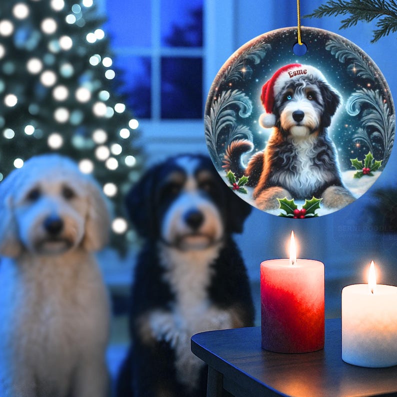 Merle Bernedoodle, Personalized Santa Hat Ornament | Sublimation Ceramic | Custom Dog Lover Gift image 4