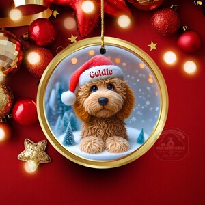 Goldendoodle ceramic 3 inch ornament in vibrant color and claymation style design.  Full gloss and printed on both sides.  It's hung with a gold string.
