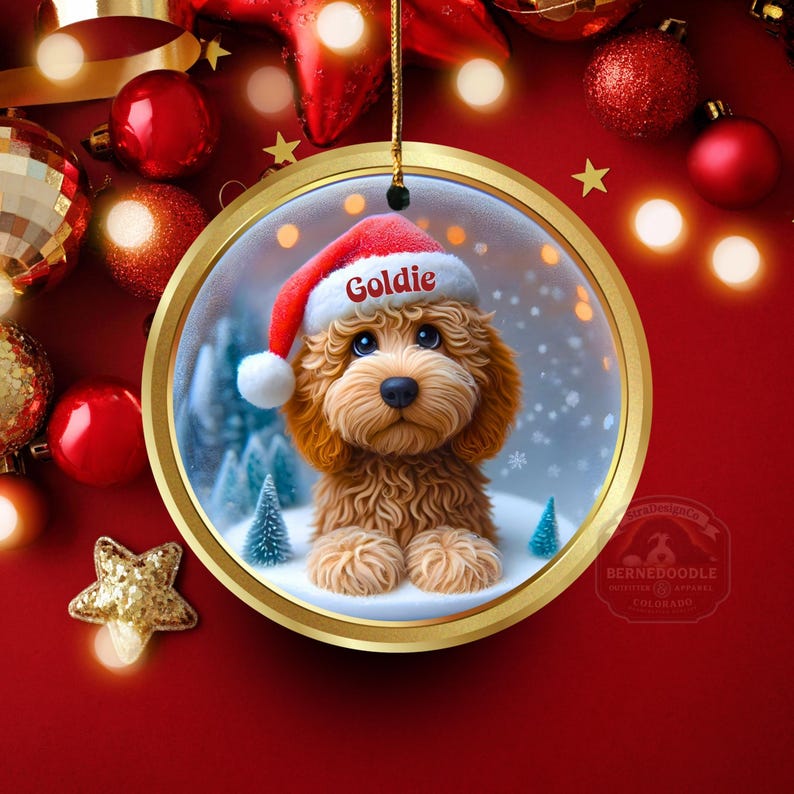 Goldendoodle ceramic 3 inch ornament in vibrant color and claymation style design.  Full gloss and printed on both sides.  It's hung with a gold string.