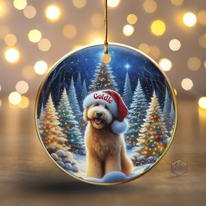 May include: A round Christmas ornament featuring a golden retriever-type dog wearing a Santa hat with the name "Goldie". The ornament has a winter scene background with snow-covered trees and a starry sky. The ornament is trimmed in gold.