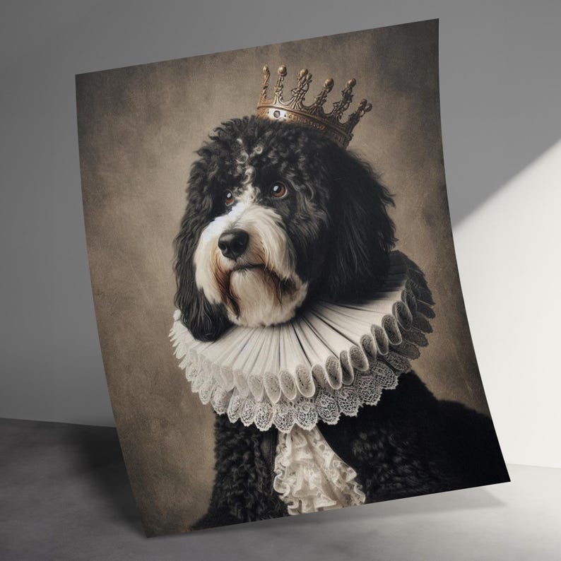 Royal Dog Portrait Poster, Elegant Pet Art Print, Dog with Crown and Ruffle, Sophisticated Dog Wall Decor, Unique Pet Gift