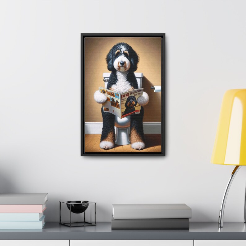 Framed Bernedoodle Toilet Portrait - Dog Reading Magazine, Bathroom Wall Art image 8