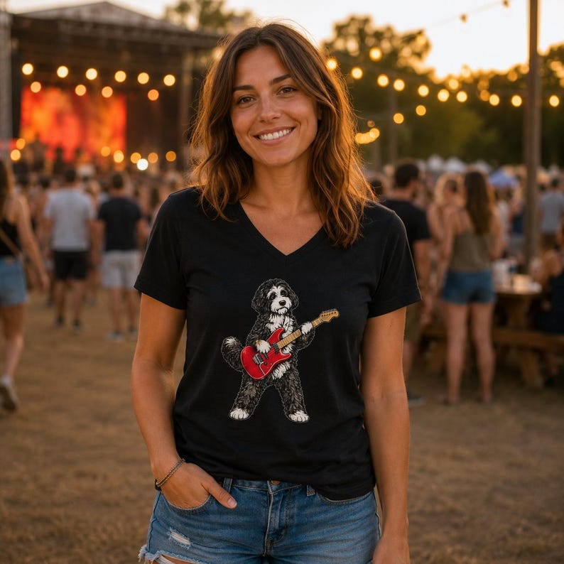 May include: A black V-neck t-shirt featuring a graphic print of a fluffy black and white dog playing a bright red electric guitar. The dog is standing on its hind legs, and the illustration is centered on the front of the shirt.