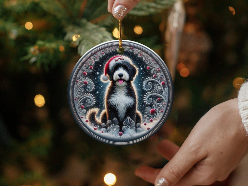 Dog Ornament Holiday, Personalized Bernedoodle Keepsake | Ceramic | Two-Sided Sublimation Print, Gold Hanger image 7
