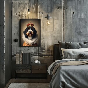 May include: A framed portrait of a dog wearing a crown and a ruffled collar. The dog has black, brown, and white fur. The portrait hangs on a textured gray wall above a dark wood nightstand.