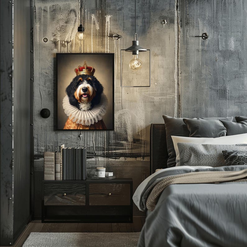 May include: A framed portrait of a dog wearing a crown and a ruffled collar. The dog has black, brown, and white fur. The portrait hangs on a textured gray wall above a dark wood nightstand.