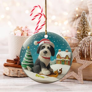 Festive Dog On, Bernedoodle Sledding Ornament | Ceramic Sublimation | 3 Inch Snow Globe Style Bild 3