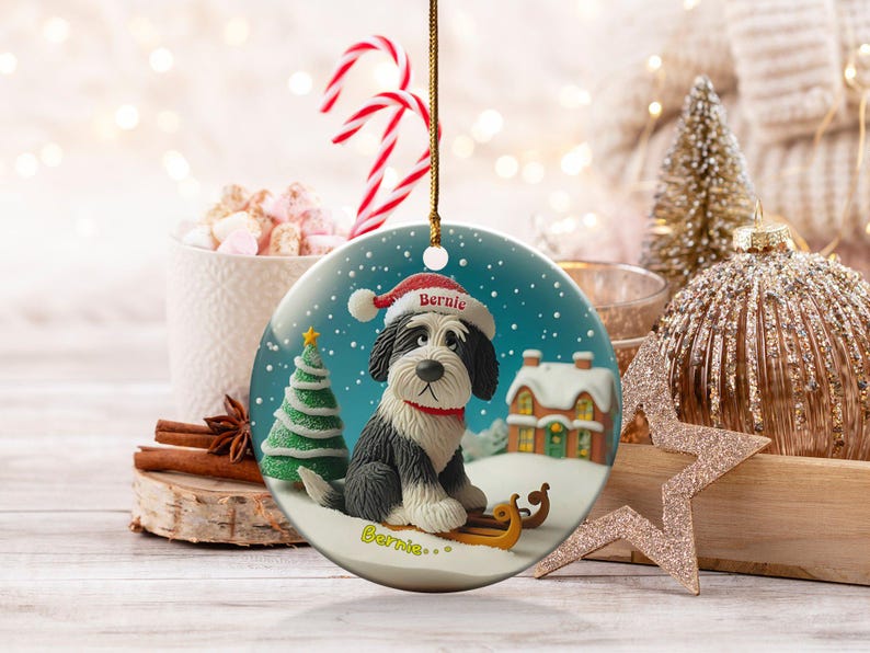 Festive Dog On, Bernedoodle Sledding Ornament | Ceramic Sublimation | 3 Inch Snow Globe Style Bild 3