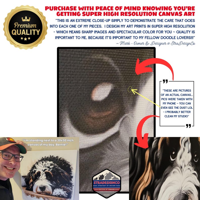 May include: A close-up of a canvas art print of a dog's eye, showcasing detailed brushstrokes and high-resolution quality. The image includes text about the art's quality and the artist's dedication. A man is standing next to a 30x30 inch canvas.