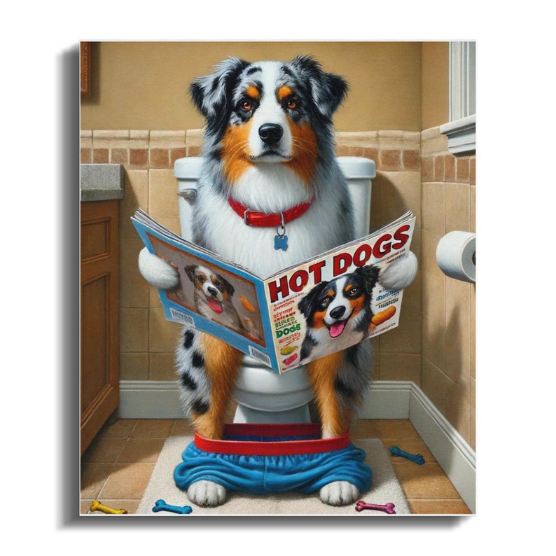 Funny Australian Shepherd Toilet Canvas Art - Hilarious Dog Lover Gift image 2