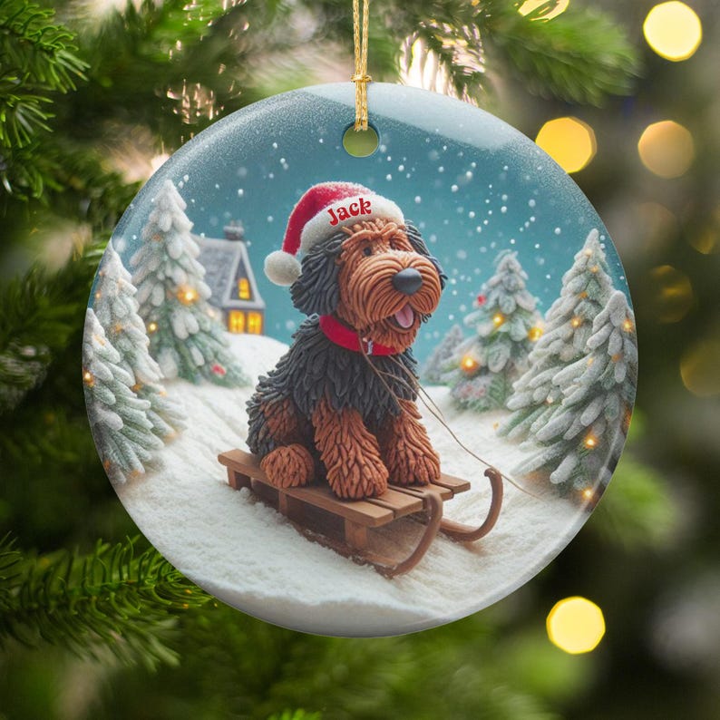 Personalized Christmas Dog Ornament, Custom Pet Holiday Decoration, Sledding Dog Xmas Tree Decor, Cute Dog Lover Gift