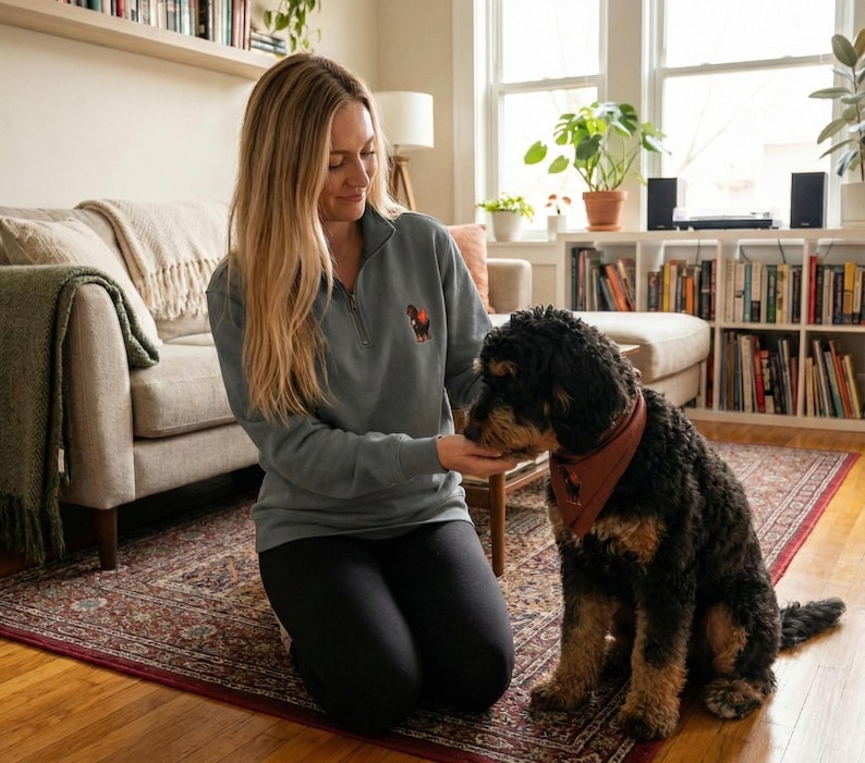 Pu&ograve; includere: Una felpa grigia con zip a un quarto di collo con un piccolo disegno di cane ricamato. Il cane &egrave; nero e marrone. Il cane indossa una bandana rossa. La felpa &egrave; abbinata a pantaloni neri. Un cane nero e marrone &egrave; seduto su un tappeto.