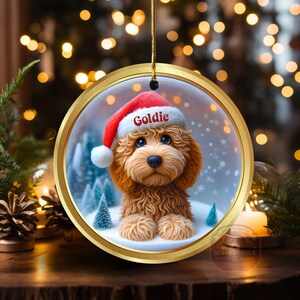 Goldendoodle ceramic 3 inch ornament in vibrant color and claymation style design.  Full gloss and printed on both sides.  It's hung with a gold string.