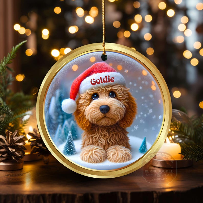 Goldendoodle ceramic 3 inch ornament in vibrant color and claymation style design.  Full gloss and printed on both sides.  It's hung with a gold string.