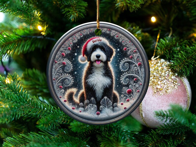 Dog Ornament Holiday, Personalized Bernedoodle Keepsake | Ceramic | Two-Sided Sublimation Print, Gold Hanger image 6