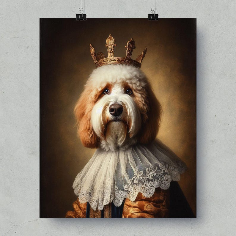 Royal Portrait of Dog in Regal Attire, Majestic Dog Art Print, Canine King Wall Decor, Unique Pet Lover Gift, Noble Dog Poster