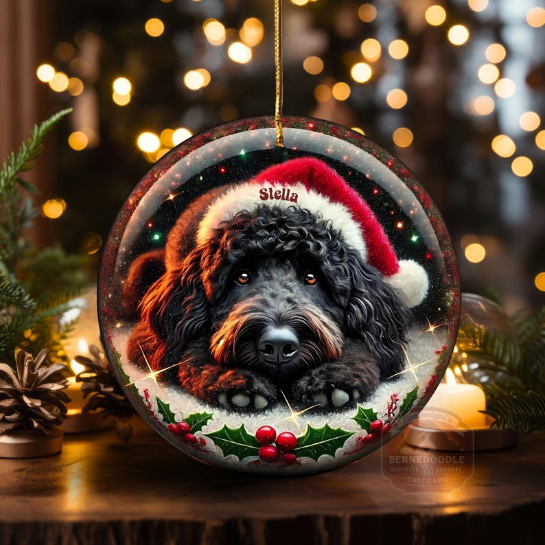 Black bernedoodle or labradoodle dog ceramic ornament show hanging with a gold string.  The ornament measures 3 inches in diameter and is a full gloss, printed on both sides.