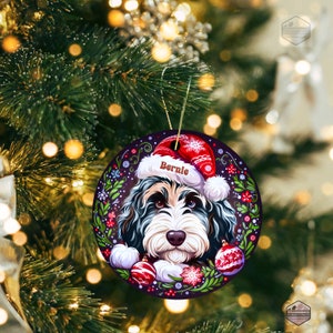 Merle Bernedoodle ceramic ornament with one blue eye and one brown eye!