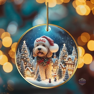 personalized doodle dog ceramic ornament features a charming scene featuring a Goldendoodle Dog nestled inside a festive snow globe scene. The ornament comes personalized with your pup's name. The design is then placed on both sides of the ornament and is finished in a full gloss. This ornament makes a heartwarming addition to your holiday decorations or a thoughtful gift for the dog lover in your life.

* Vibrant and detailed image - Glossy finish