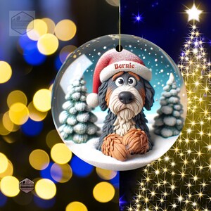Cute clay style bernedoodle looking worried that Santa isn't coming.  Personalized bernedoodle ornament.