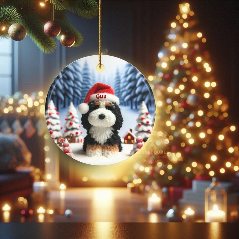Bernedoodle claymation style ornament made of ceramic, hanging by a gold string.  Winter scene featuring a cute, personalized doodle dog with personalized name on santa hat.  Perfect gift for Bernedoodle Dog Lovers and Pet Enthusiasts.