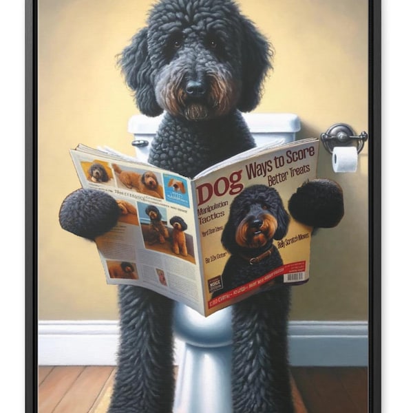 Black Goldendoodle Toilet Pet Portrait, Dog Reading Magazine, funny dog portrait, guest bathroom wall art, labradoodle lover gift, pet lover