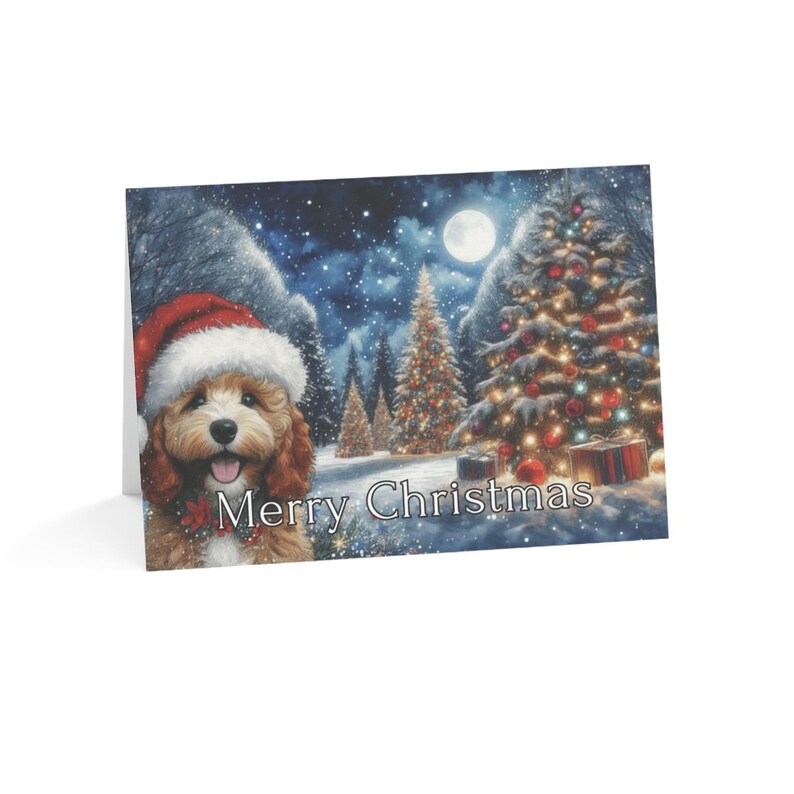 Merry Christmas card with dog, festive holiday greeting card, Christmas tree, winter night scene, Xmas greeting卡, seasonal stationery