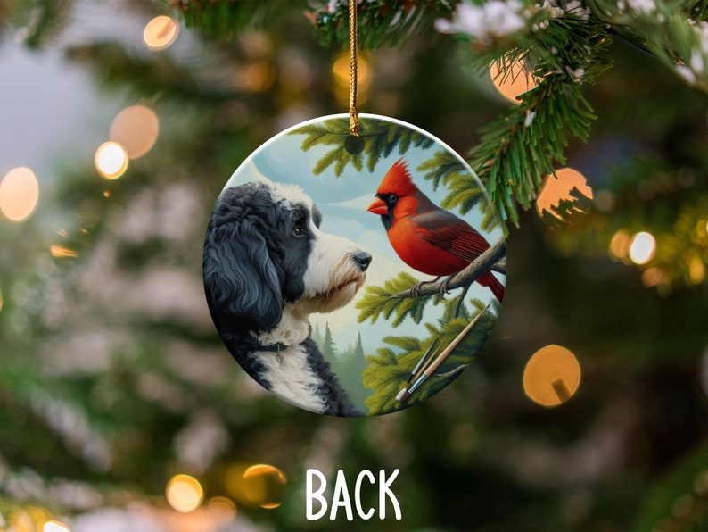 Cardinal and Bernedoodle Dog Ceramic Ornament, Oil Paint Style Design, Cardinal Lovers Gift, Mothers Day, Bird Lovers, Custom Crafted Design