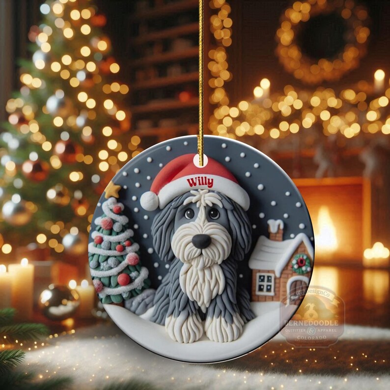 Christmas dog sheepadoodle ceramic ornament, Santa hat puppy decor, personalized pet ornament, holiday tree decoration, custom dog gift, festive pet decor.  Doodle lover Christmas decoration for Sheepadoodle Sheepa Doodle Moms!