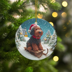 Christmas dog ornament, festive holiday decoration, winter dog on sled, personalized Christmas tree decor, unique dog lover gift