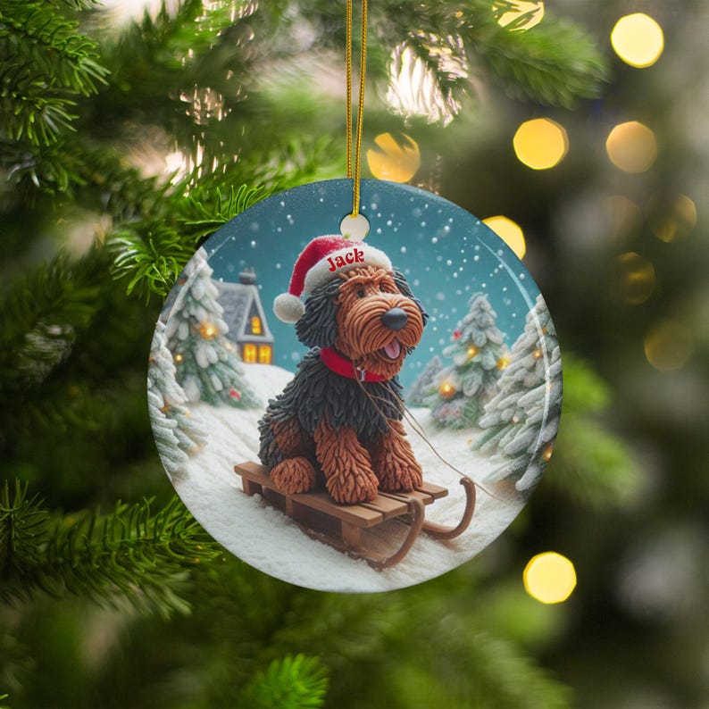 Christmas dog ornament, festive holiday decoration, winter dog on sled, personalized Christmas tree decor, unique dog lover gift