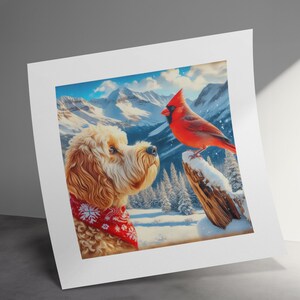 Doodle Dog and Cardinal Art Canvas, Pet Lover Gift image 10