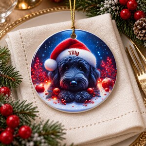 May include: A round ceramic Christmas ornament featuring a black dog wearing a red and white Santa hat. The name Tilly is printed in red on the hat brim. The background shows a dark blue starry night with red berries and glowing lights.