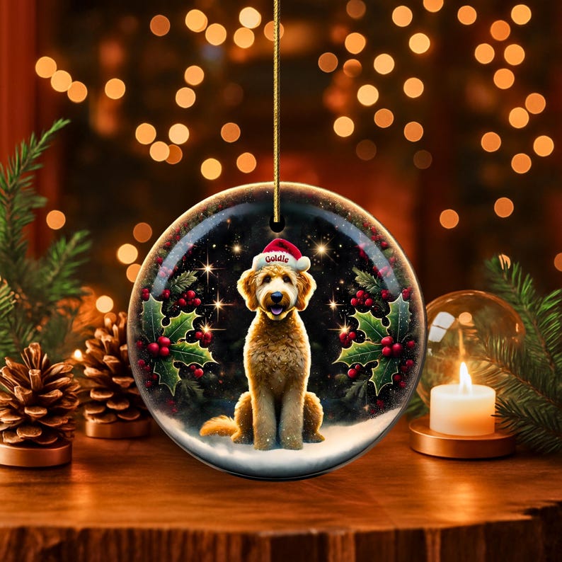 May include: A round Christmas ornament featuring a golden doodle dog wearing a Santa hat with the name "Goldie". The ornament is decorated with holly and berries, and hangs from a gold string. The background is a blurred image of Christmas lights.