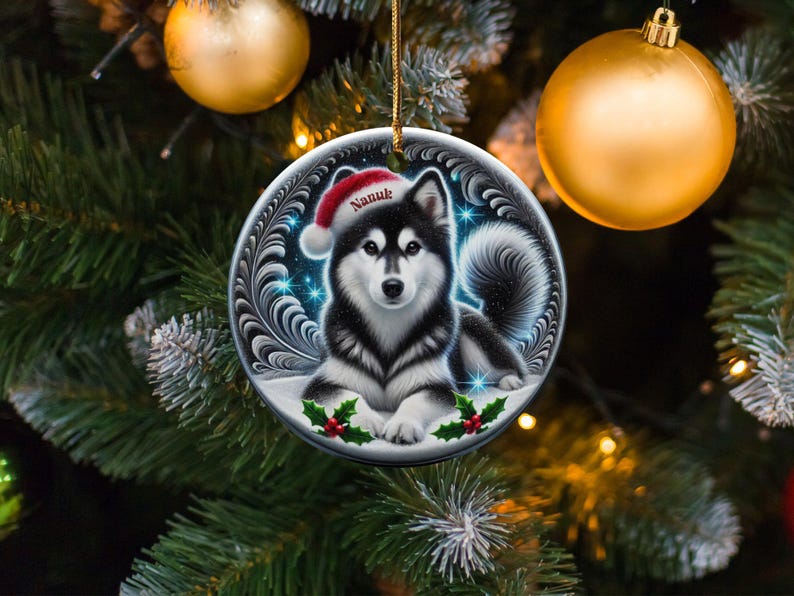 Black Husky Keepsake, Personalized Santa Hat Ornament | Sublimation Ceramic | 3 Inch Glossy Holiday Decor image 3