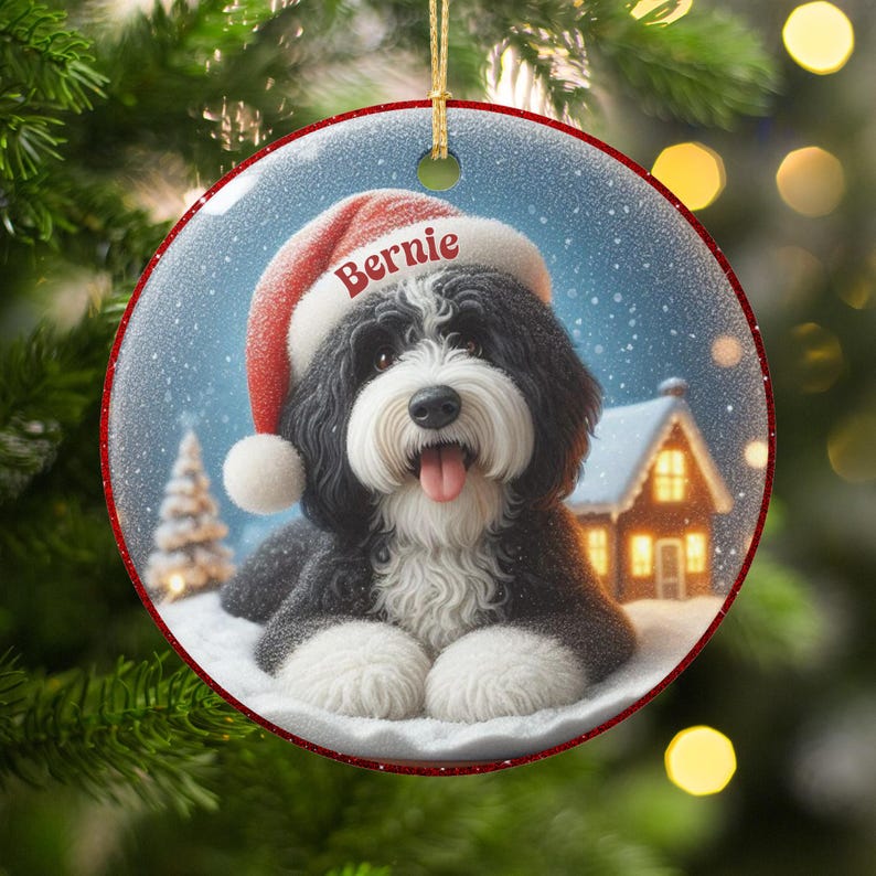 Christmas Ornament, Dog with Santa Hat, Personalized Holiday Decor, Custom Pet Portrait, Festive Christmas Tree Decoration