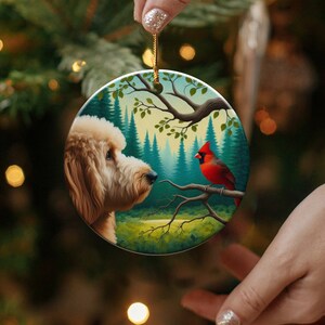 Cardinal and Goldendoodle Ceramic Ornament, Oil Paint Style Design, Cardinal Lovers Gift, Mothers Day, Bird Lover, Red Cardinal and Dog Gift