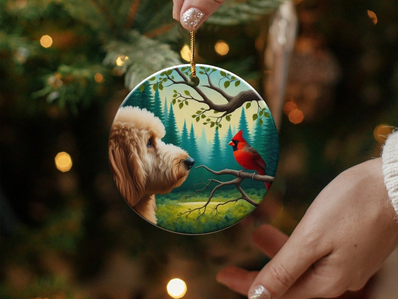 Cardinal and Goldendoodle Ceramic Ornament, Oil Paint Style Design, Cardinal Lovers Gift, Mothers Day, Bird Lover, Red Cardinal and Dog Gift